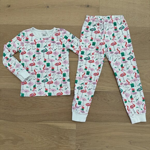 Janie and Jack Girl’s Christmas Flamingo Pajama Set sz 6 Long Sleeve Shirt Pants - Picture 1 of 6